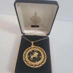 Gold-Plated Leo Zodiac Pendant Necklace With Black Enamel & Star Design In Gift